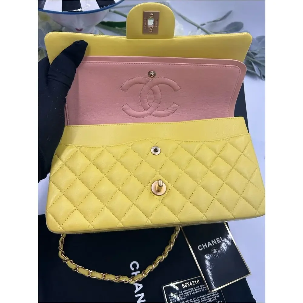 Women's Chanel Classic Quilted double Flap Bag in Yellow with Gold Hardware